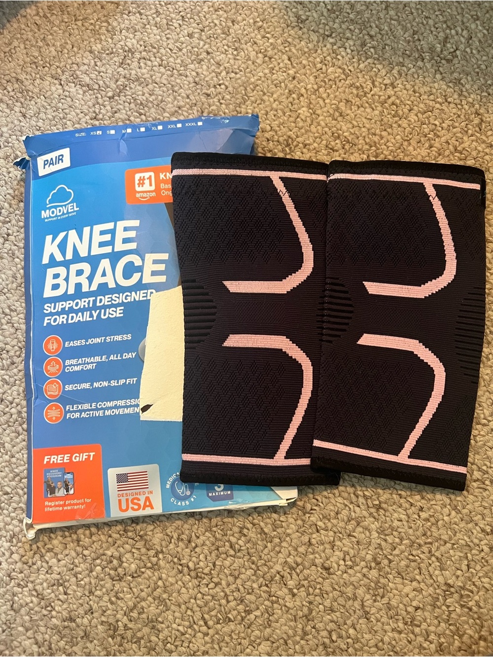 Women's Black Knee Brace Pair with Pink Accents